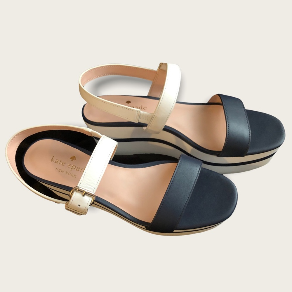 🌻Authentic Kate ♠️ Spade NY Navy & White Leather Platform Sandal Sz. 8B EU 38.5 - Picture 3 of 13